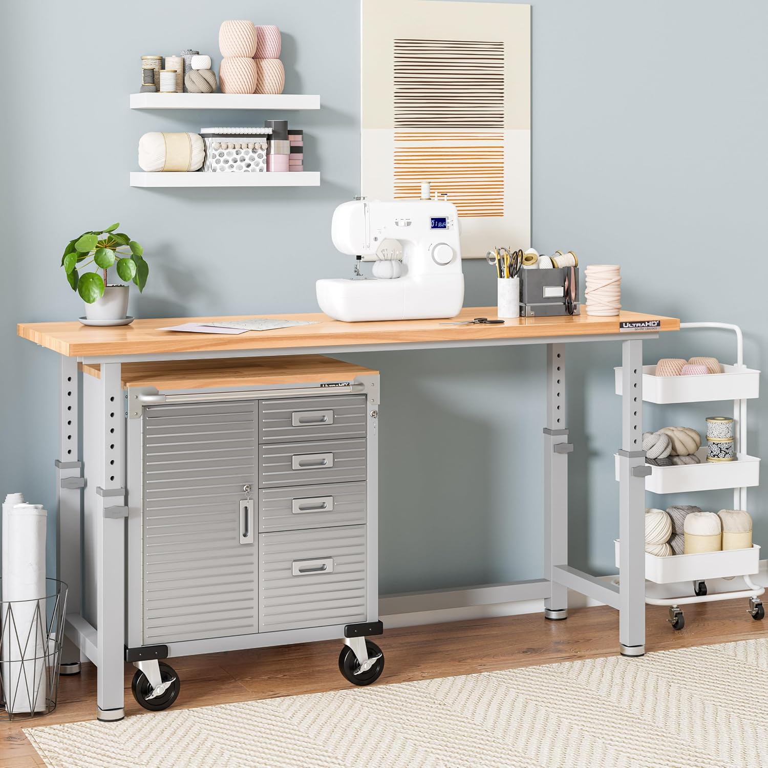 Seville Classics UltraHD Heavy Duty Rolling Cabinet Workbench Table w/Solid Wood Top, Workstation for Garage, Office, Workshop, Granite, 6-Drawer (28" W x 18" D