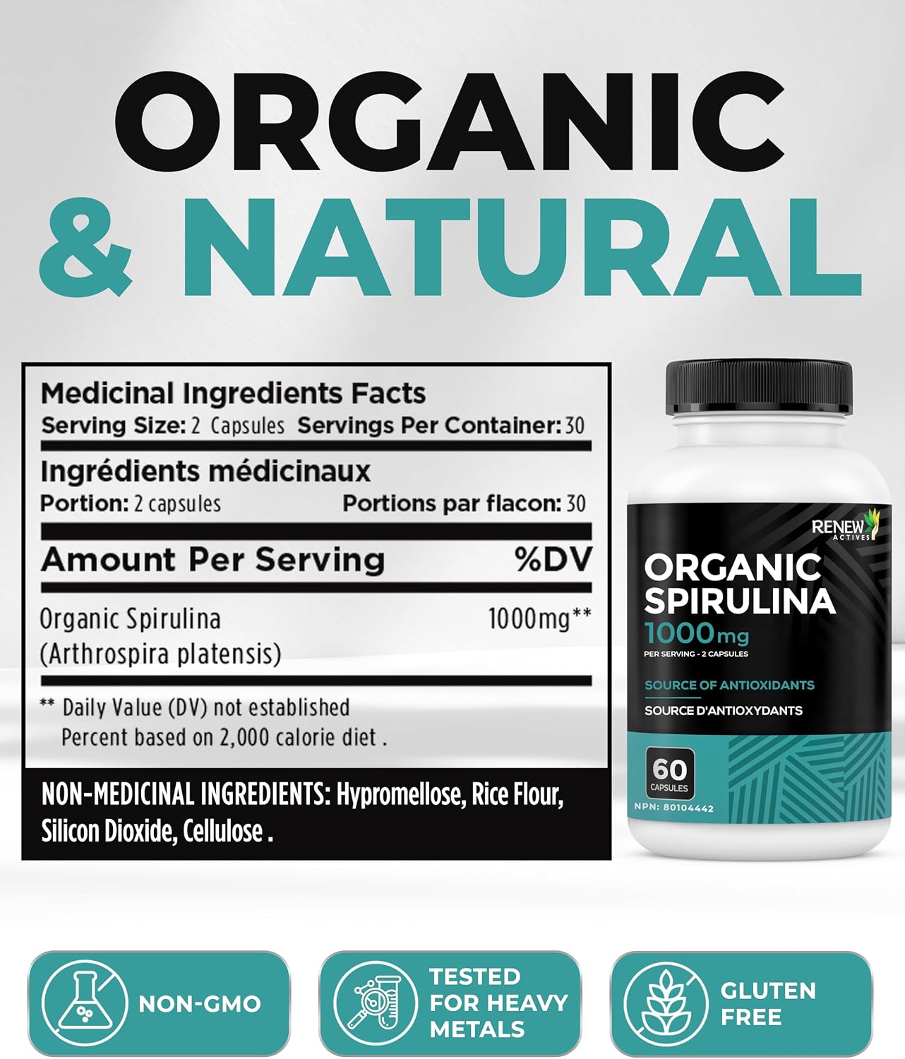 Renew Actives Organic Spirulina 1000MG per 2 Capsules – Superfood for Men & Women – Supports Energy