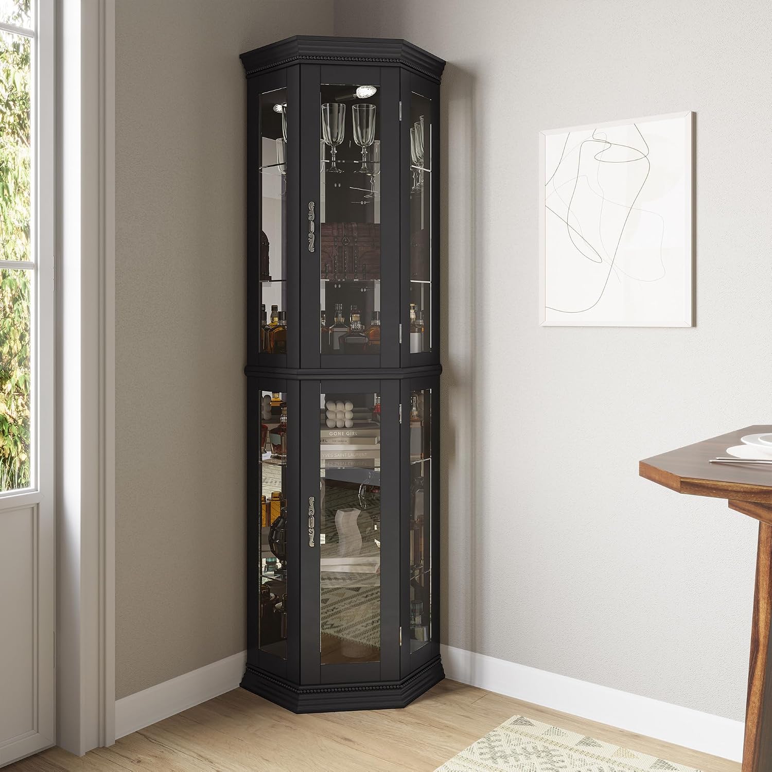 BELLEZE Lighted Wooden Corner Display Curio Cabinet, Two Section Shelving Unit with Tempered Glass Door