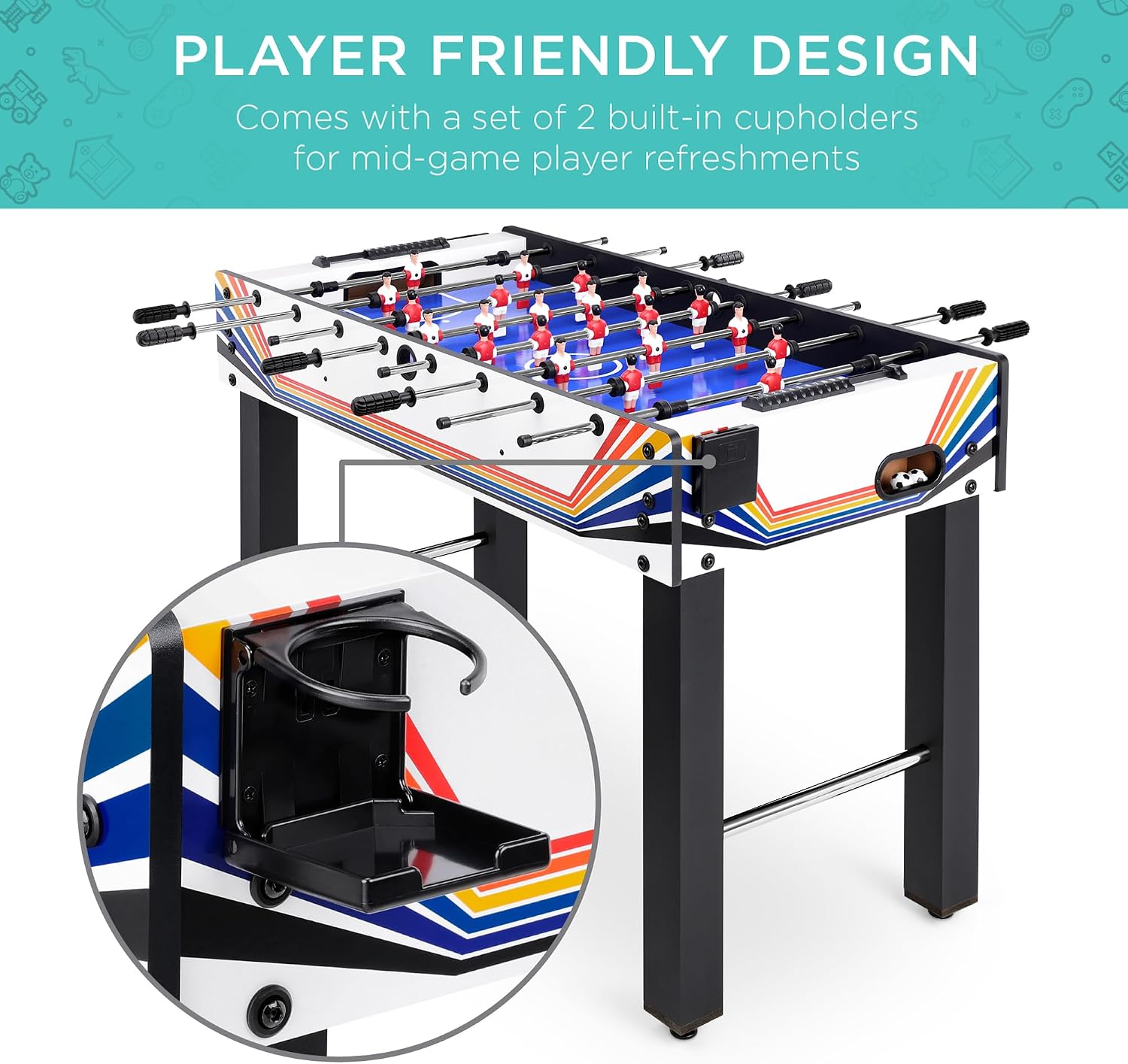Best Choice Products Foosball Table for Kids and Adults, Game Room Soccer Game Table w/ 2 Balls, 2 Cup Holders, Ergonomic Handles, Chrome Finished Metal Bars