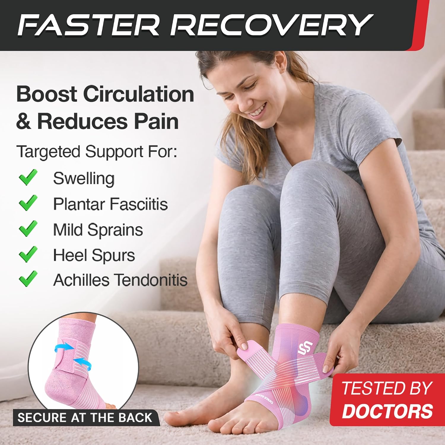 Sleeve Stars Ankle Brace for Women & Men, Ankle Wrap for Sprain, Compression Sleeve for Plantar Fasciitis Relief, Easy Customizable Support: w/ Removable Strap (Single/M:10"-12"/Black)