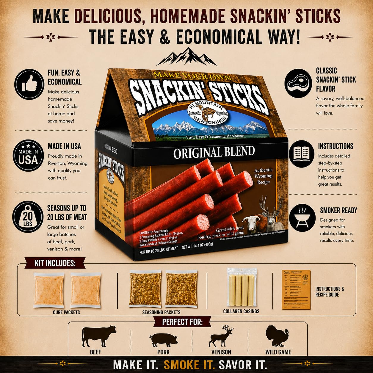 Hi Mountain Snack Stick Seasoning Kit | ORIGINAL | Makes 20 lbs | Complete Snack Stick Kit, Seasoning, Cure, Casings, & Directions Included, For Beef, Deer, Elk, Venison & Wild Game Meat