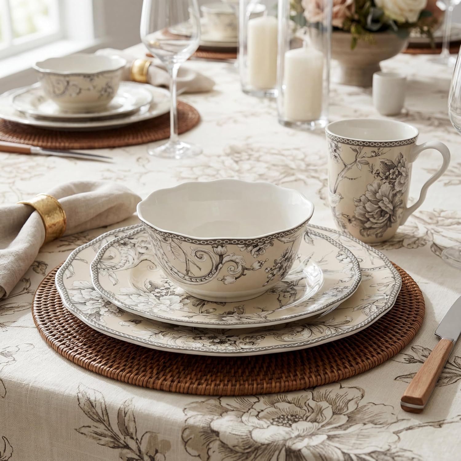 222 Fifth Adelaide 16-Piece Black Porcelain Dinnerware Set – Service for 4, Featuring Hand-Applied Romantic Woodland Bird Design