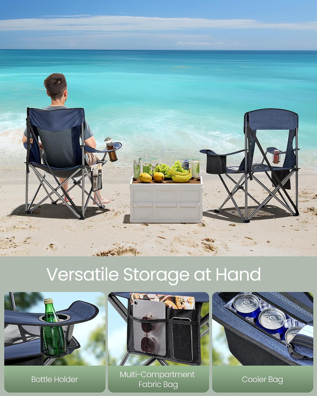 SONGMICS Camping Chair, Folding Oversized Chair, Comfortable and Heavy-Duty, 352 lb Weight Capacity, Adjustable Armrests with Cooler Bag, Storage Bag, Breathable Mesh, Bijou Blue UGCB060Q01