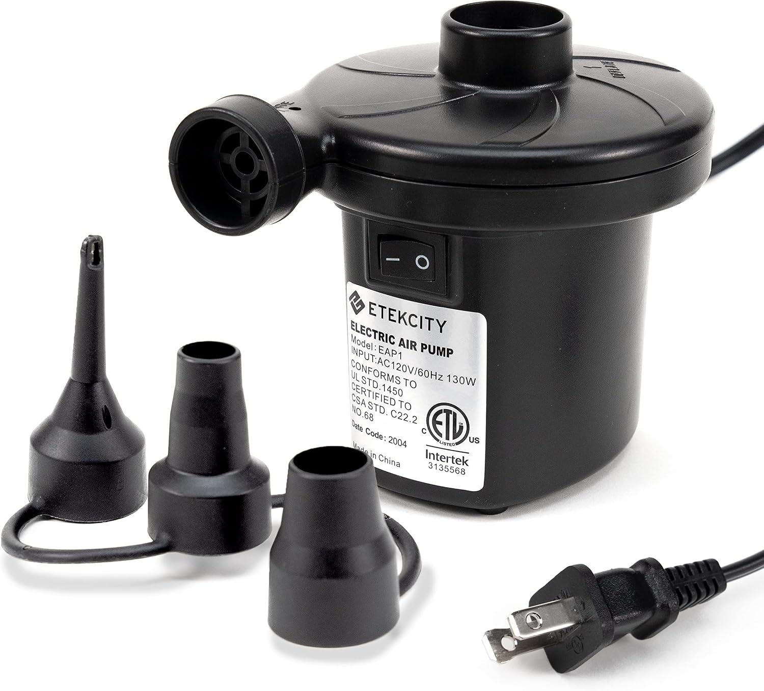 Etekcity Air Pump for Inflatables, Portable Electric Air Mattress Pump, Quick-Fill Perfect Inflator/Deflator for Couch, Blow up Pool Floats Raft Bed Boat Toy with Nozzles, 110-120V, Black