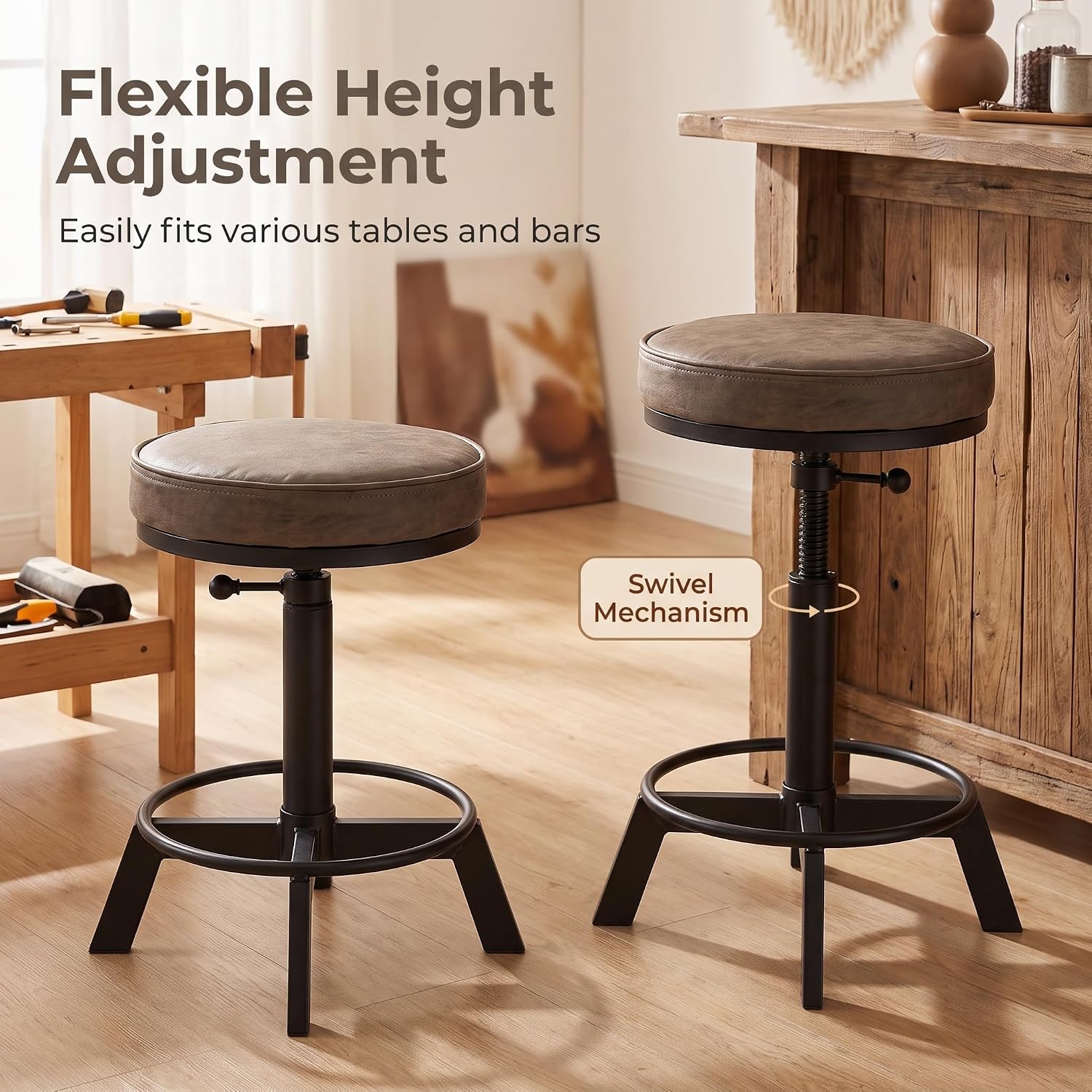 Set of 2 Industrial Bar Stools Short Stool Swivel Wooden Seat Kitchen Island Chairs Counter Height Adjustable 15.2-21inch