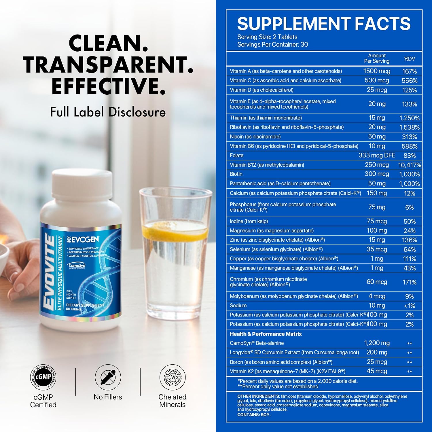 Evogen Evovite Multivitamin Tablets | 30 Servings | Albion chelated minerals with CarnoSyn beta-alanine, Longvida curcumin, boron