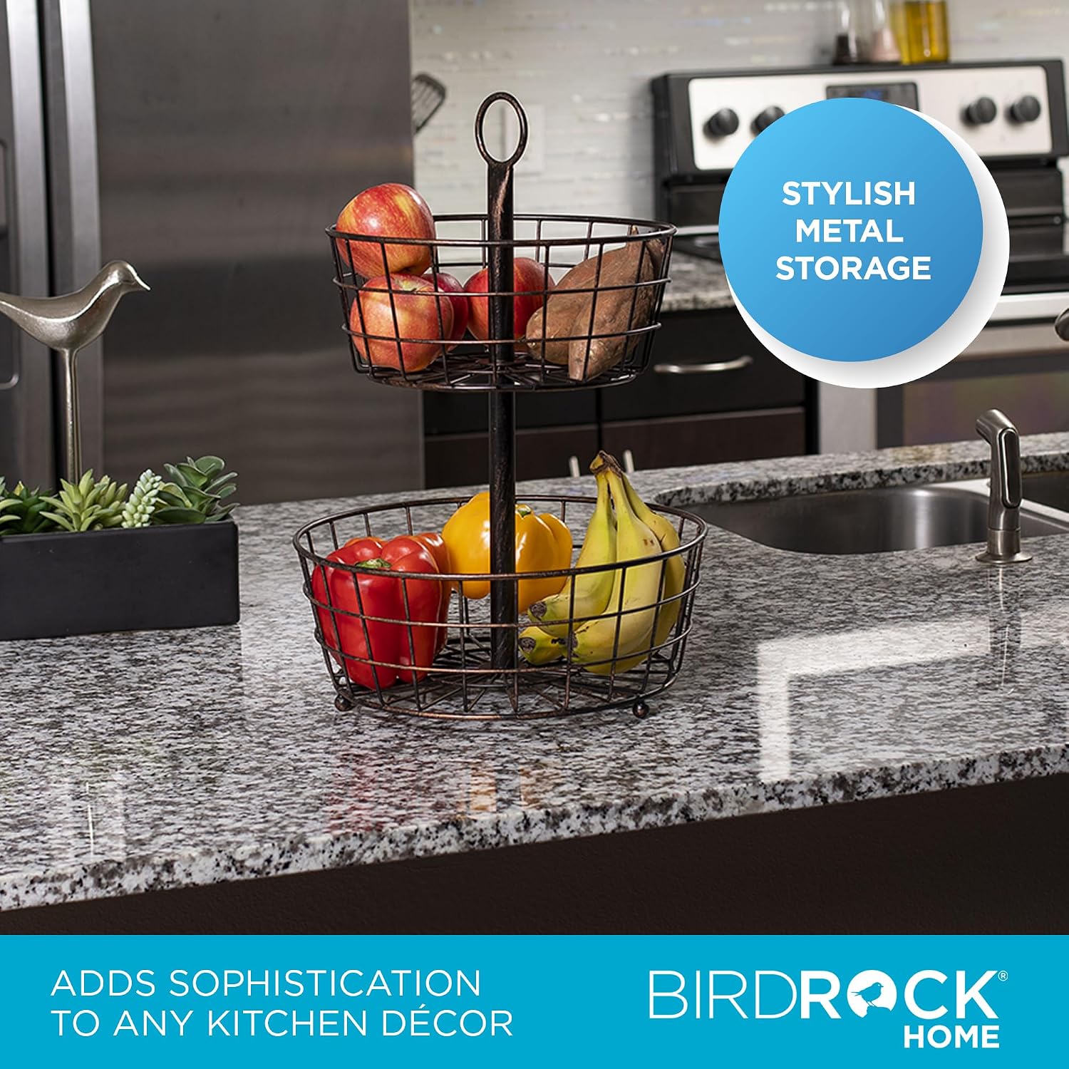 BIRDROCK HOME 3 Tier Wire Fruit Basket | Round Metal Standing Baskets | Fruit Vegetable Garlic Caddy | Freestanding Rustic Decorative Basket