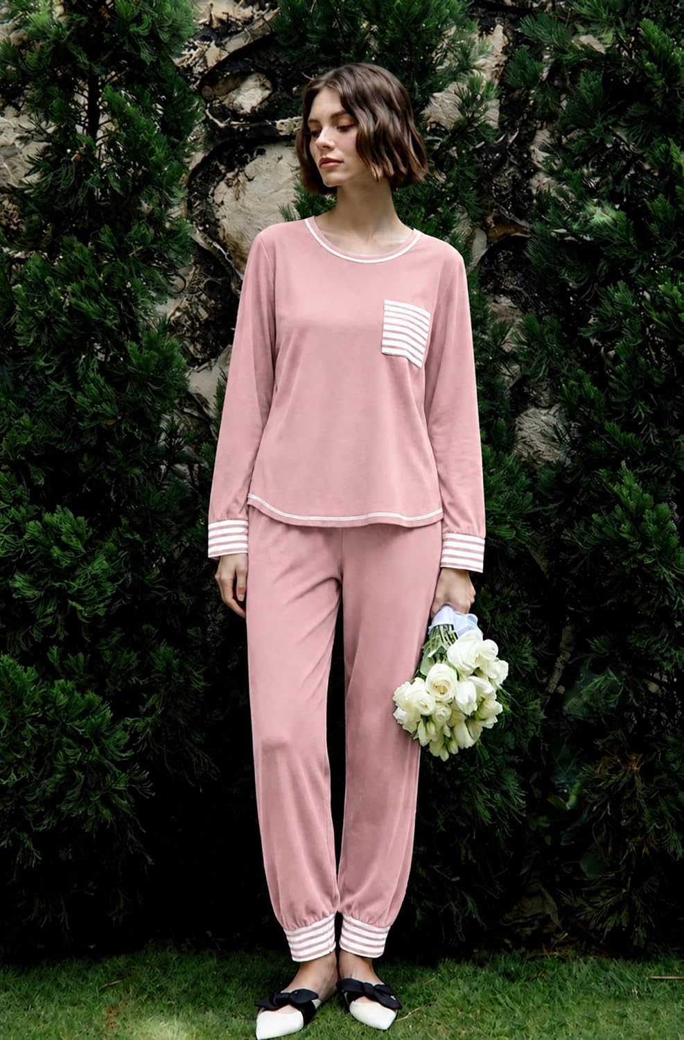 SWOMOG Women’s Pajamas Set Long Sleeve Sleepwear with Long Pants Soft Modal Loungewear Pj Set