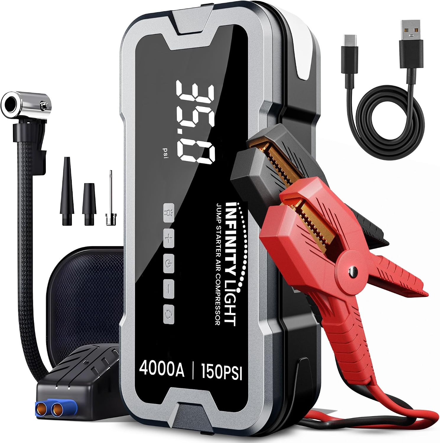 4000A Jump Starter 150 PSI Air Compressor Tire Inflator Cordless Air Pump, 12V Portable Car Battery Booster, LED Display, 12000mAh Power Bank