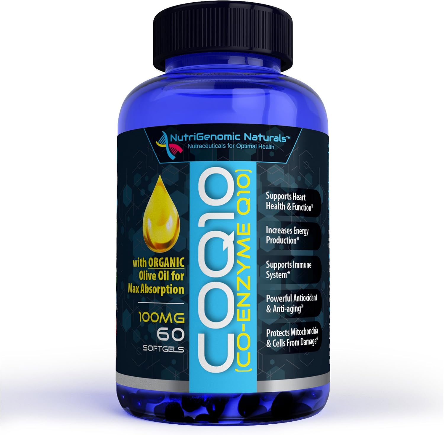CoQ10, Coenzyme Q10, Highest Absorption with Organic Olive Oil, 100mg, 60 Softgels, Ubiquinone, Ubiquinol, Supports Heart Health. Pure, Natural