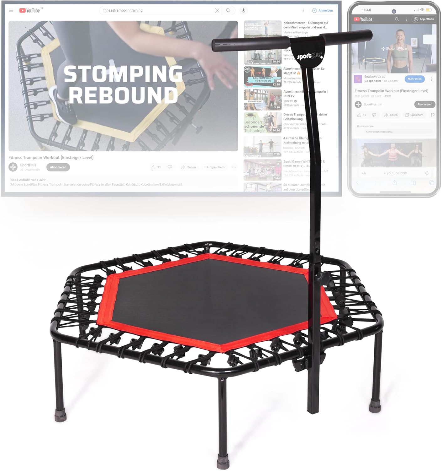 SportPlus+ Indoor Trampoline, Blue/Green/Red, Rebounder Home Fitness Trampoline with Height Adjustable Bar