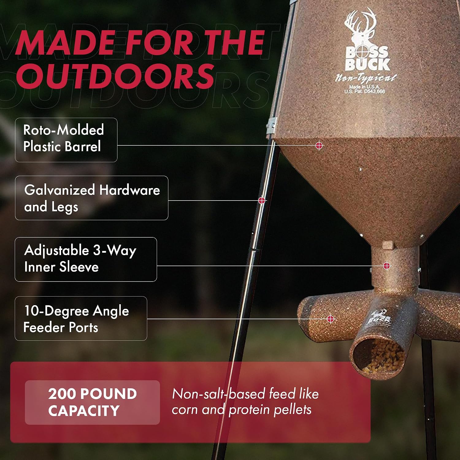 BOSS BUCK 350 LB Deer Feeder/Hunting Durable Lightweight Plastic UV Protected Windproof Waterproof Gravity Feed with Protein 3 Feed Tubes Head, Multi-Piece Round Legs | Protein 3 feed tubes head, Multi-Piece round legs