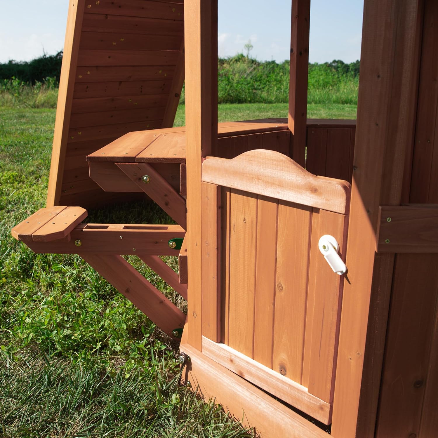 Backyard Discovery Woodland Cedar Wood Swing Set with Wave Slide, Clubhouse, Rock Wall, Snack Bar Station, Benches, Belt Swings, Trapeze, Half Door