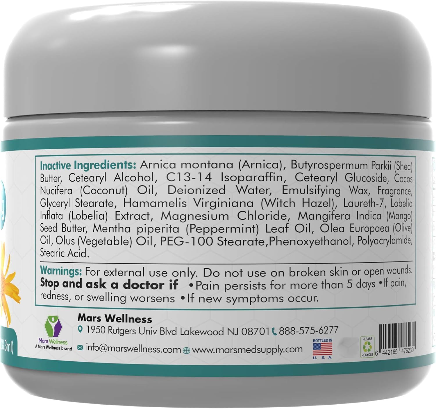 Mars Wellness MG+ Magnesium Cream Pain Relief - Extra Strength Magnesium and Arnica Cream - 4 OZ Tub - Neuropathy, Muscle Pain
