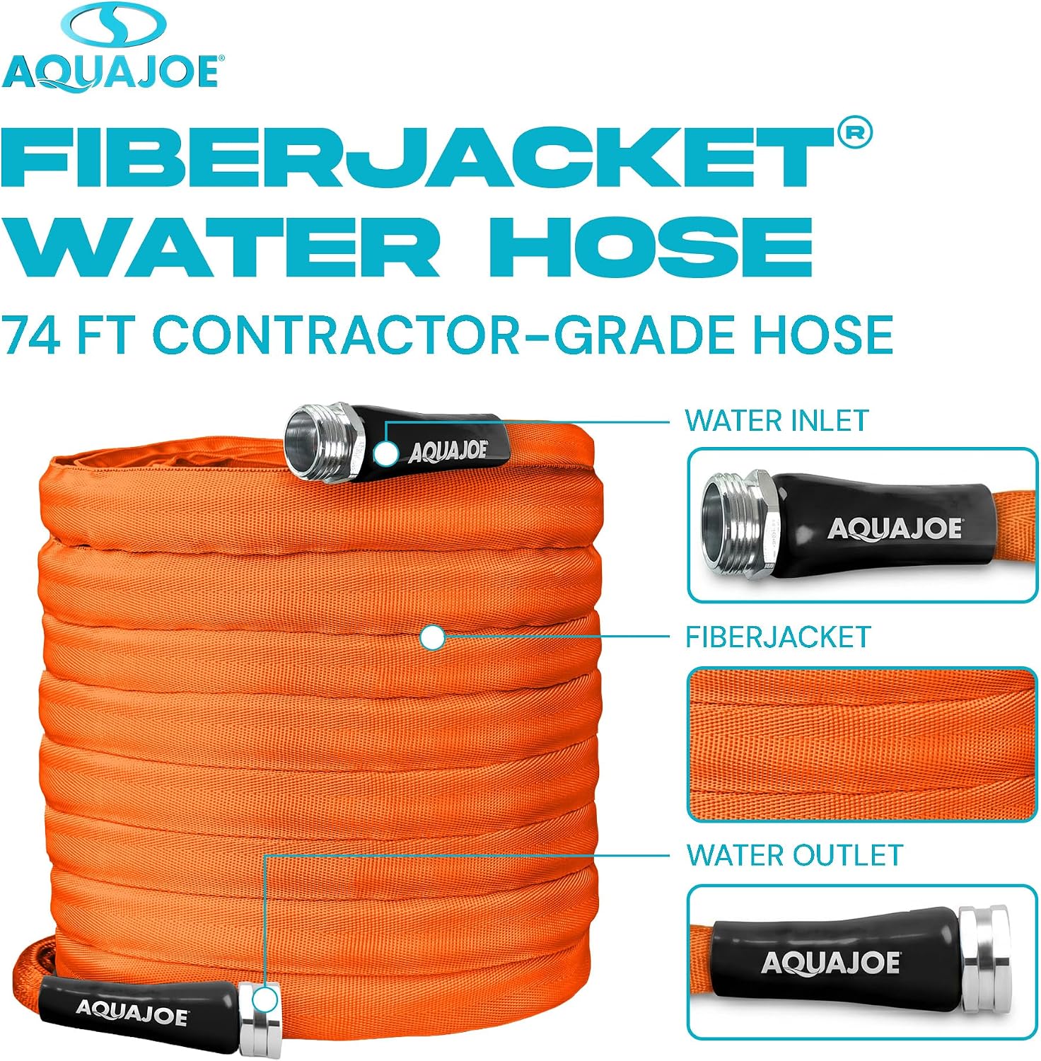 Aqua Joe AJFJH75-34-CTR FIBERJACKET Garden Hose, Non-Expanding and Kink-Resistant, 650 PSI Burst Rating, 75 Feet Long, Orange