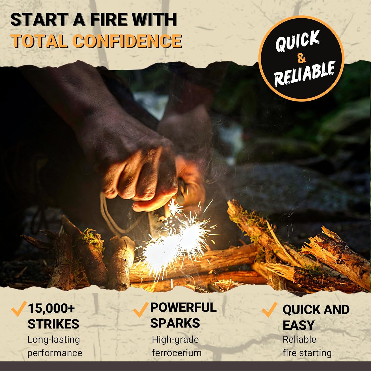 Ferro Rod Fire Starter Kit with Fatwood Tinder Stick - 3/8" Thick Ferrocerium Flint and Steel Fire Starter