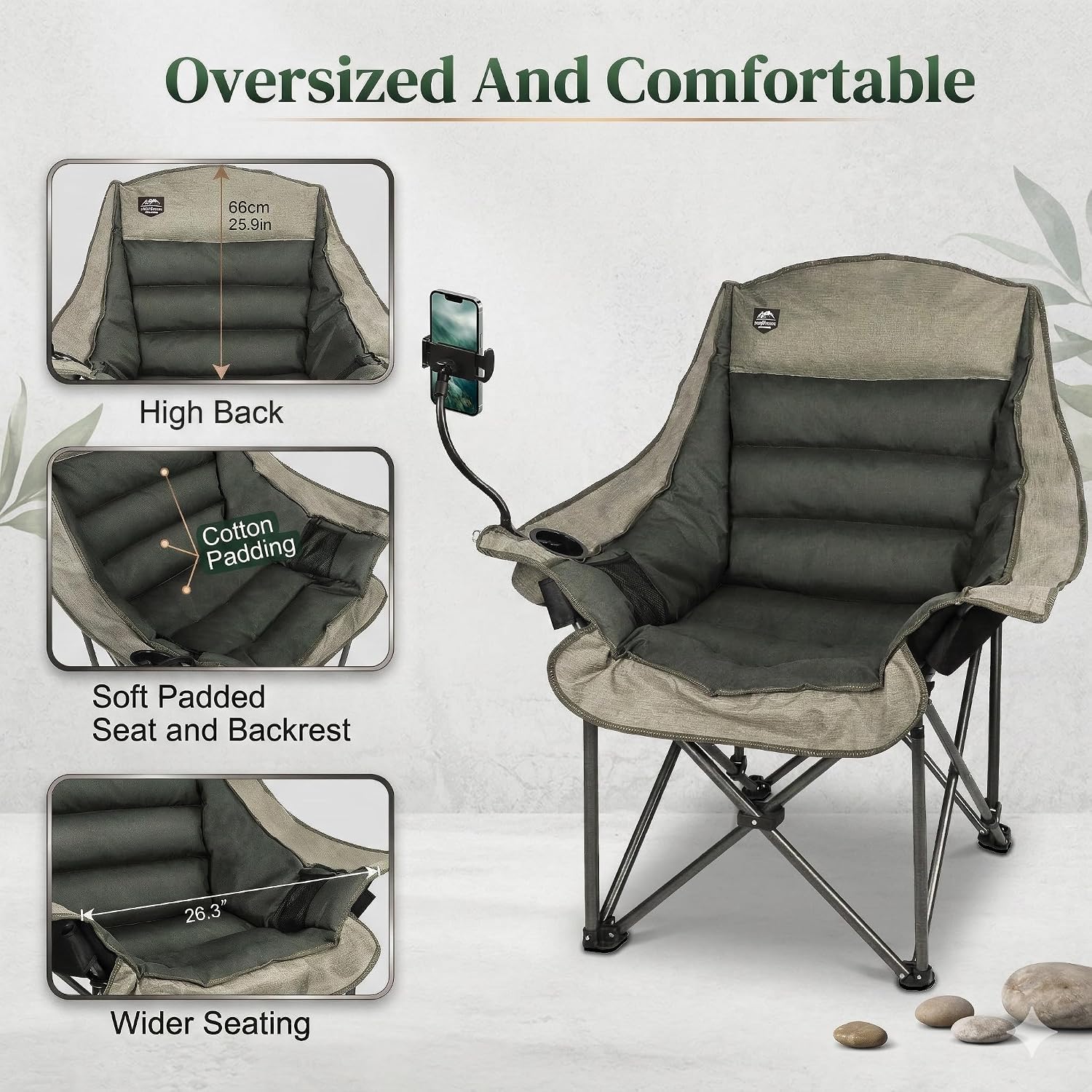 Oversized XL Folding Camping Chair,Heavy Duty Support 400Lbs,Large Comfy Padded Camp Chair for Adults,Lawn Arm Chair w/Cup Holder,Phone Holder,Carry Bag Perfect for Outdoor (Brown