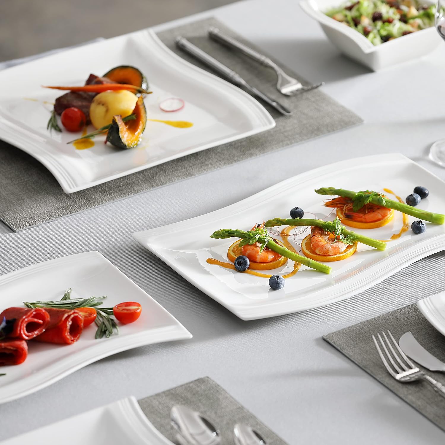 MALACASA Plates and Bowls Sets, 26 Pieces Ivory White Porcelain Dinnerware Sets without Mugs, Square Dinnerware with Dinner Plates, Bowls and Serving Platters, Modern Dish Set for 6, Series Flora