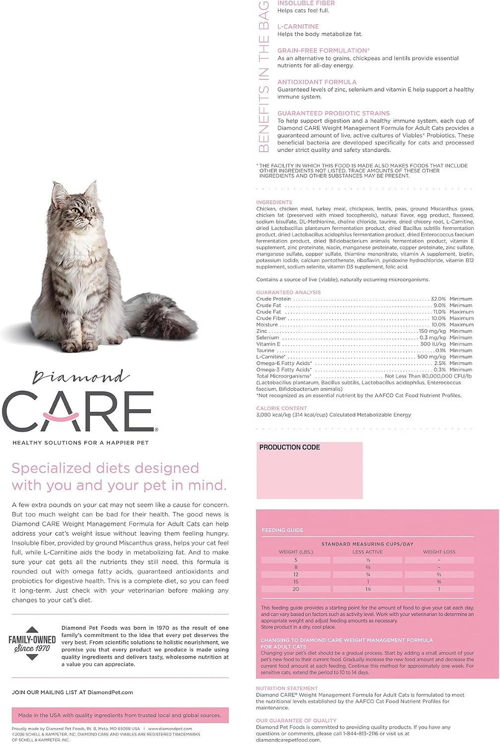 DIAMOND CARE Weight Management Adult Dry Cat Food, Chicken, 15lb | For Cats with Weight Control Issues | L-Carnitine Aids in Fat Metabolism | Taurine for Heart & Eye Health