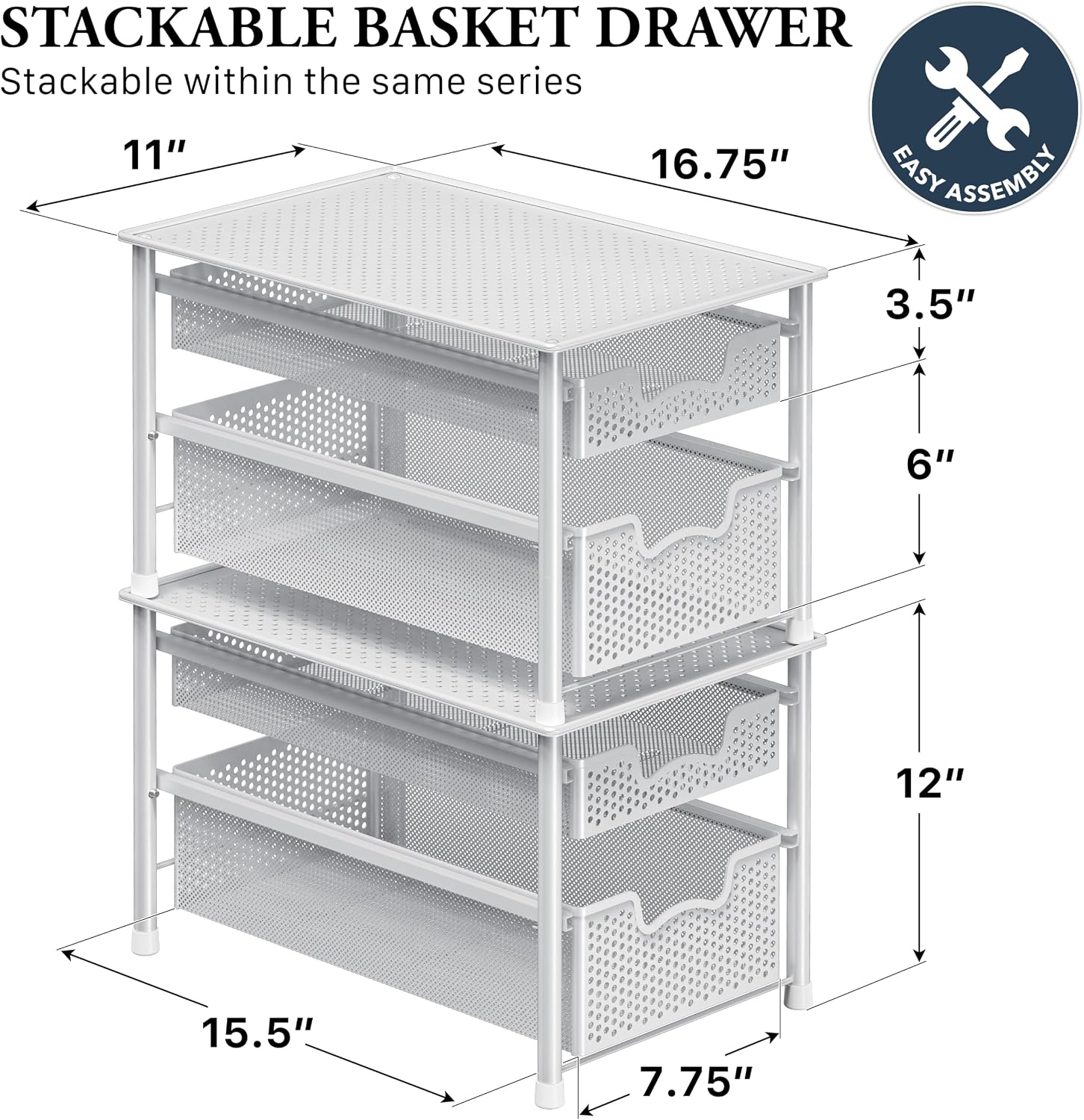 Simple Houseware Stackable 3 Tier Sliding Basket Organizer Drawer, Silver