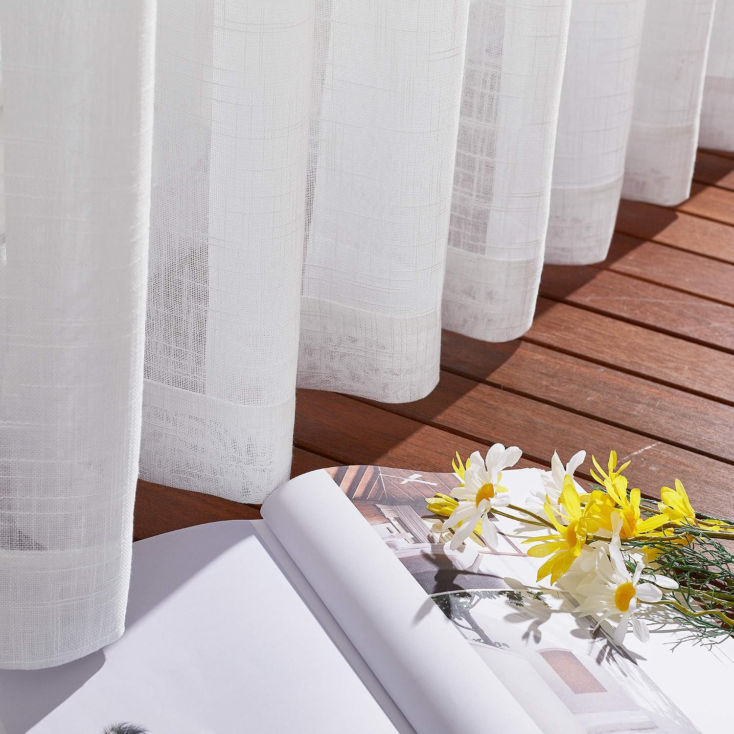 NICETOWN Linen Curtains White Semi Sheer 72 inch Long for Windows, Privacy with Light Filtering Grommet Top Window Treatments for Bedroom/Living Room