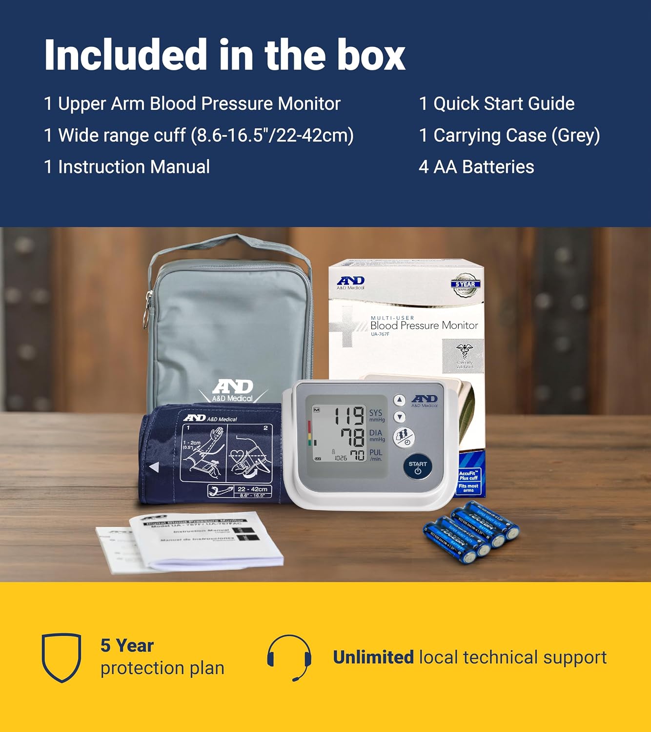 A&D Medical UA-767F Blood Pressure Monitor, 4 Users, Wide Cuff 8.6-16.5" | Wide-Range Cuff (8.6-16.5"), One Button Operation, 60 Readings Per User (4), Cuff Fit Detection Error, Includes 4 Batteries