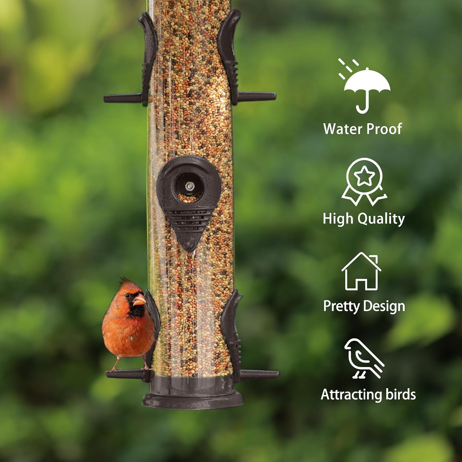 MIXXIDEA 1PK Metal Bird Feeders with 6 Feeding Ports, Tube Bird Feeder with Steel Hanger, Hard Plastic Wild Bird Feeder for Outdoors Hanging