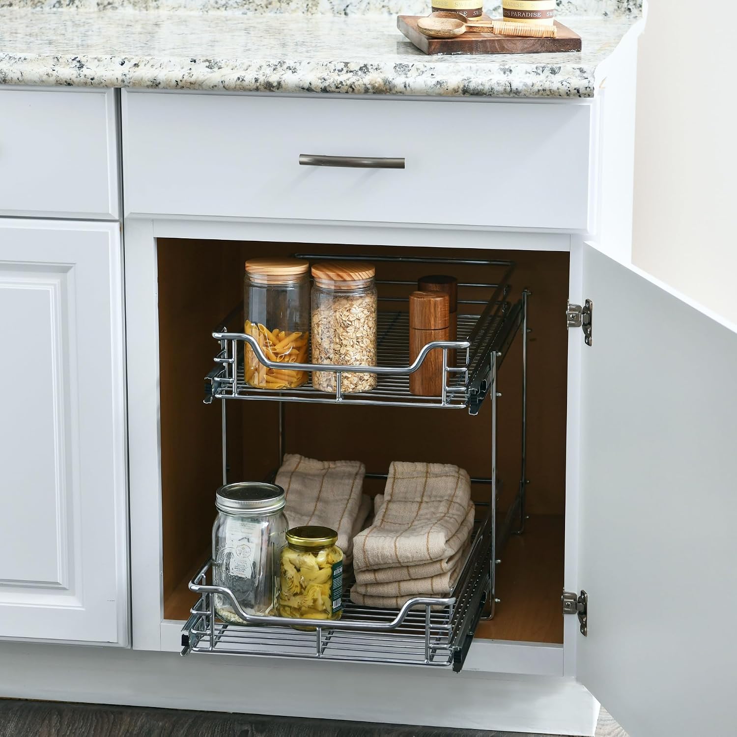 Household Essentials Glidez 2‑Tier Multipurpose Chrome‑Plated Steel Pull‑Out/Slide‑Out Under Cabinet Organizer, Chrome Finish