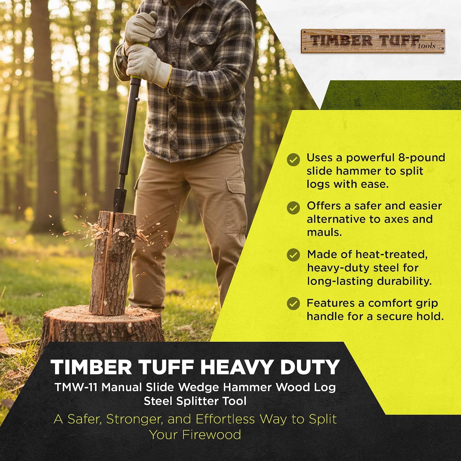 Timber Tuff Manual Log Splitter, Heavy-Duty Steel Wood Splitting Tool, Slide Hammer & Comfort Grip Handle for Firewood, Kindling, TMW-11, Green