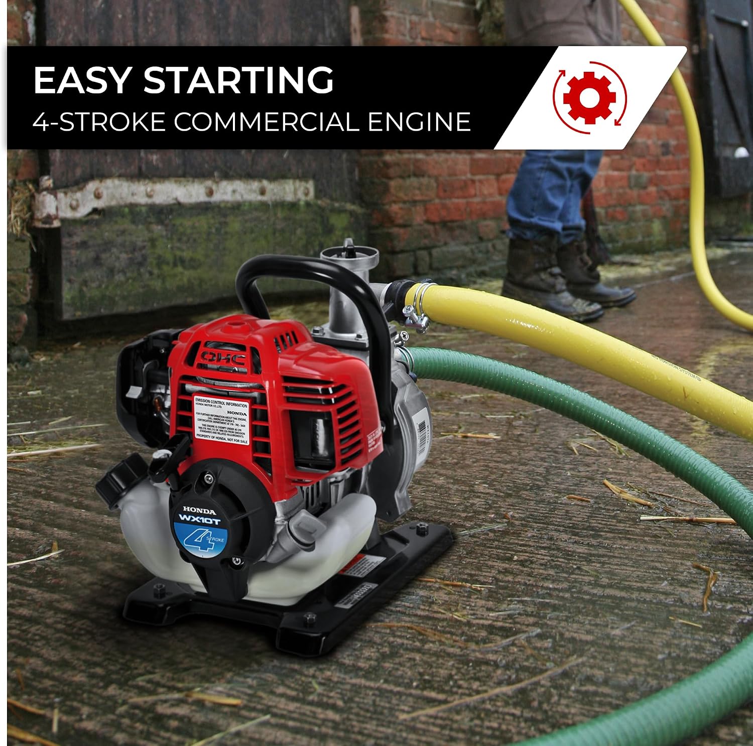 Honda Power Equipment WX10 52 PSI 4-Stroke Commercial Engine Gasoline Powered Water Pump with Hose Adapter, Suction Hose, Clamps, and Strainer