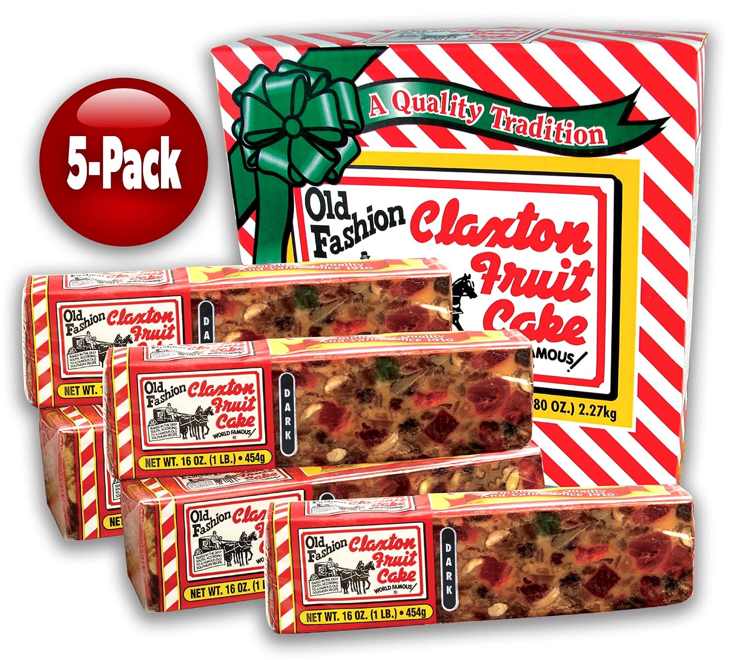 Claxton Fruit Cake – 5-1 lb Regular Recipe Loaves | Individually Wrapped | Packaged in Signature Red-and-White Gift Carton | Old-Fashioned Holiday Fruitcake Since 1910 | 5 Pack