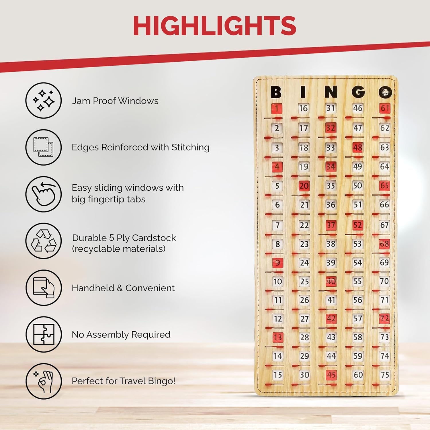 MR CHIPS Large 14.75" L x 6.75" W Jam-Proof Finger Tip Bingo Master Board Card with Large 3/4" Sliding Windows, Thick 5 Ply Cardboard, Gold Rush Style