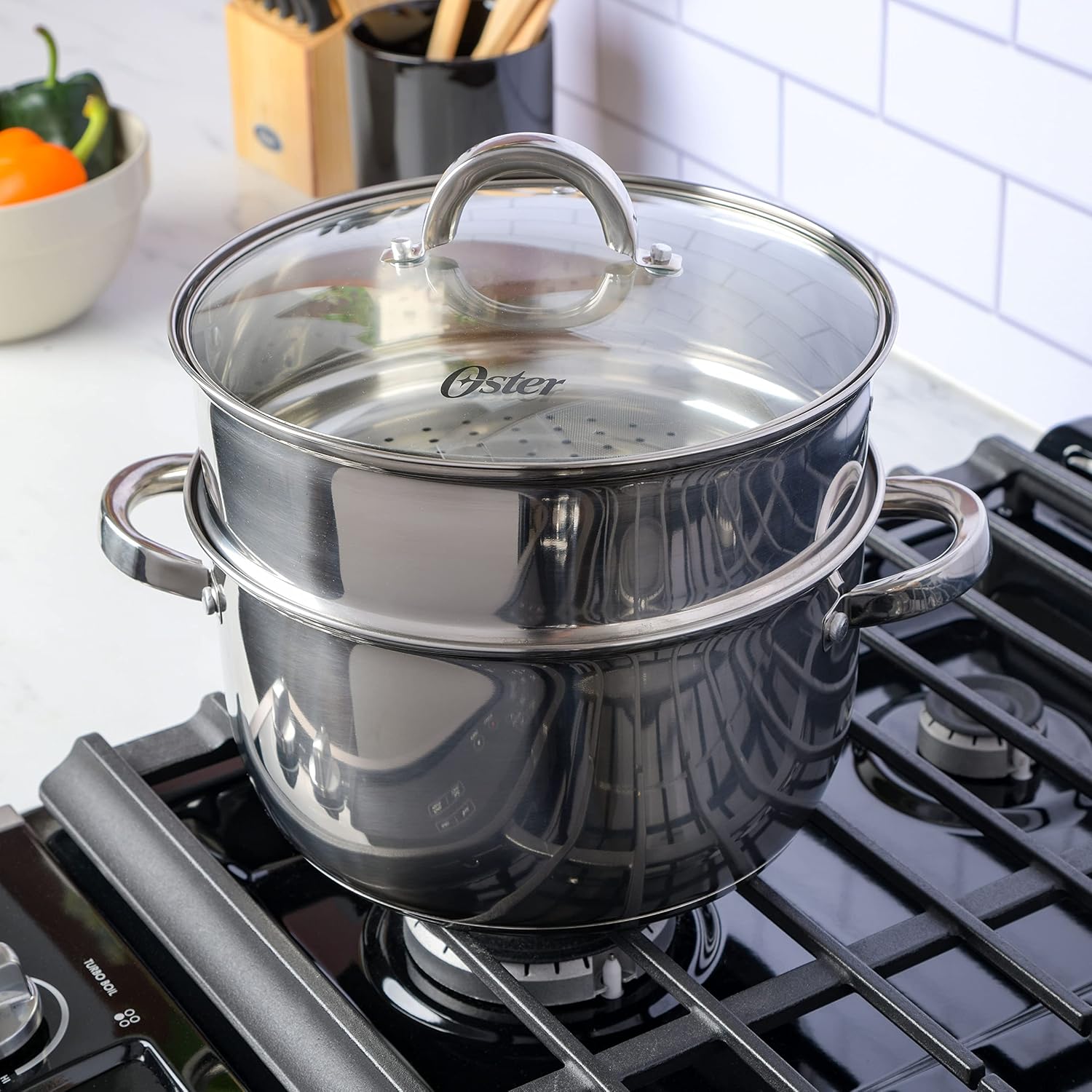Oster Dutch Oven with Steamer Basket 3-Quart - Sangerfield Stainless Steel, Stovetop Steamer for Vegetables, Rice & Tamales, Dishwasher Safe