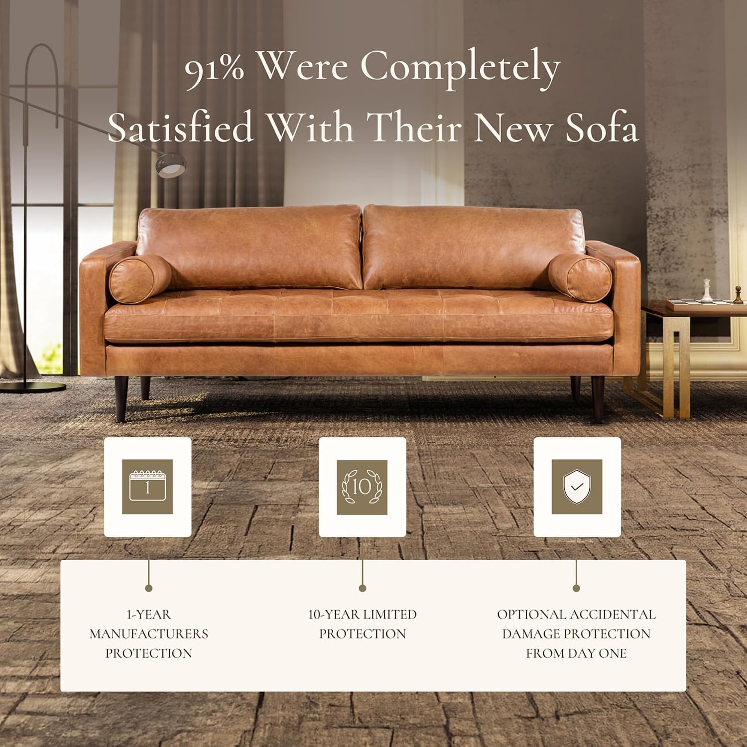 Poly & BARK 55" Tufted Leather Bed Bench for Bedroom End of Bed - Living Room Entry Way Bench - Pure Italian Leather Upholstery with a Solid Wood Frame - Ottoman Bench with Wooden Legs - Cognac Tan