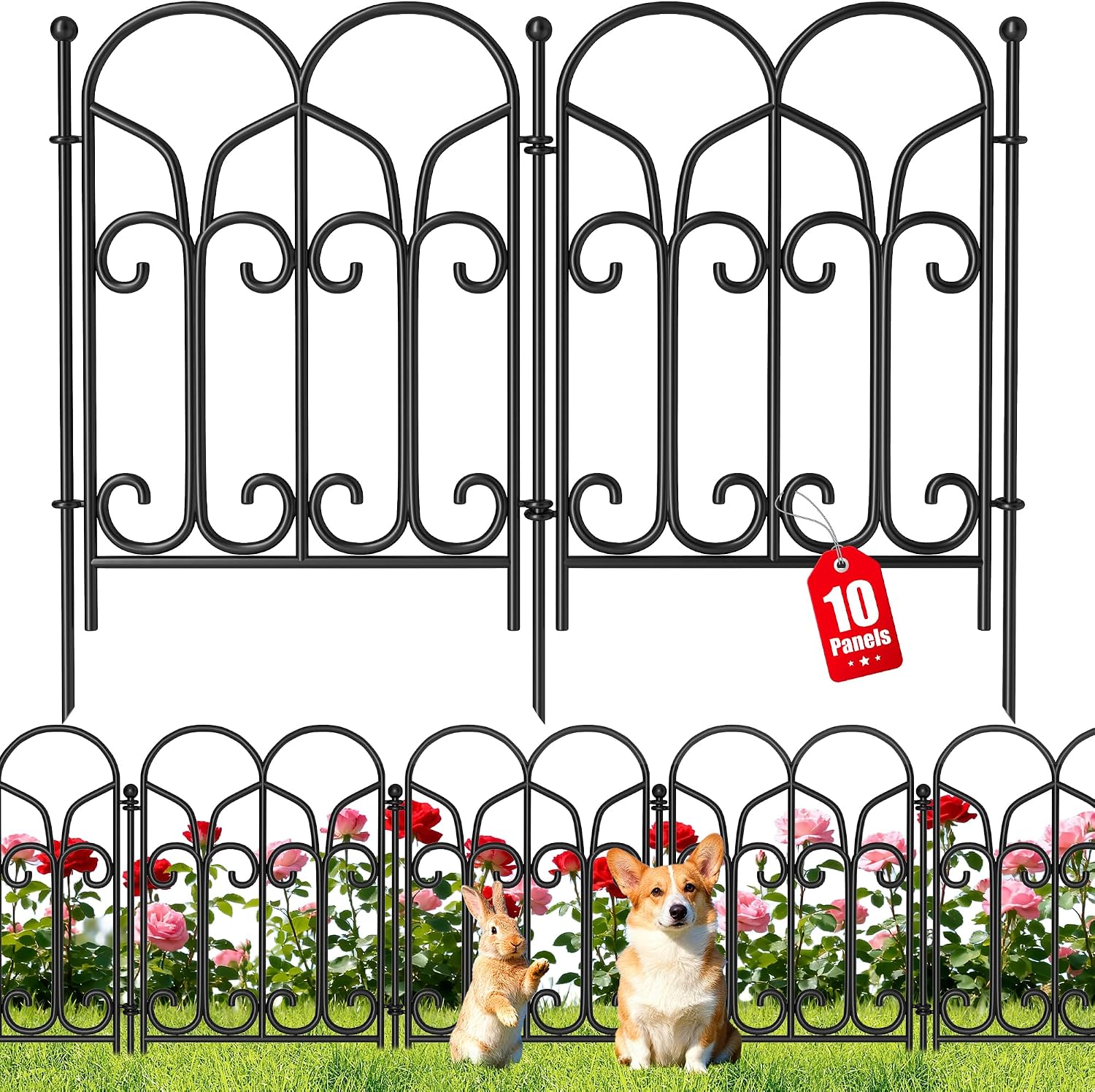 AMAGABELI 10 Panels 17in(H)×10ft(L) Decorative Garden Fences and Borders for Dogs No Dig Rustproof Metal Fence Panels Garden Edging Border Animal Barrier Fencing for Flower Beds Yard Patio Decor Black