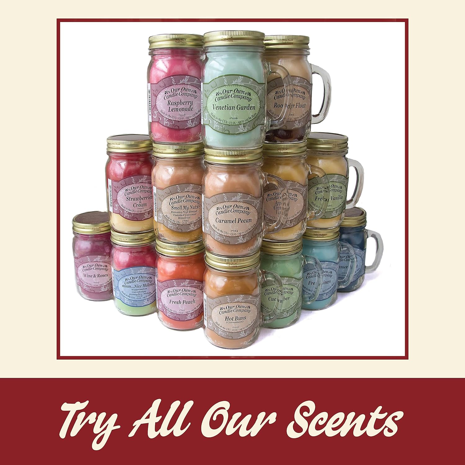 Balsam Pine Scented Mason Jar Candle, Our Own Candle Company, 13 oz | Clean, fresh Balsam-pine-tree scent; soy blend wax; lead-free wick with patented straightener; long lasting
