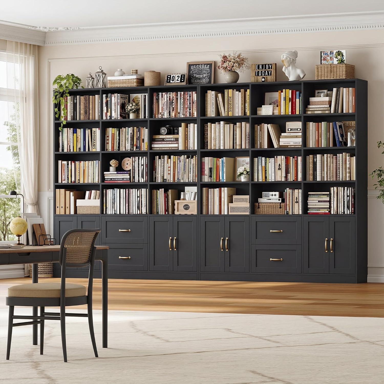 HOSTACK 71" Tall Triple Wide Bookshelf with Storage Drawers & Doors, Green | Large Bookcase with Cabinet, Modern 6-Tier Open Display Shelves, Wood Book Shelf for Living Room, Home Office