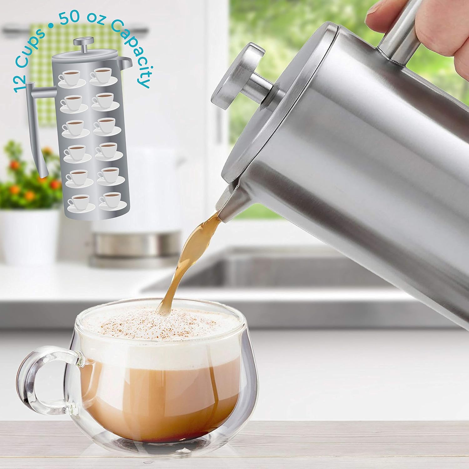 French Press Coffee Maker - 50oz Stainless Steel, Insulated Coffee Press | Large 6 Cup 50oz Capacity, Double Wall Keeps Coffee Hot, 4 Level Filter for Ground Free Coffee, 2 Extra Filters, Matte Black