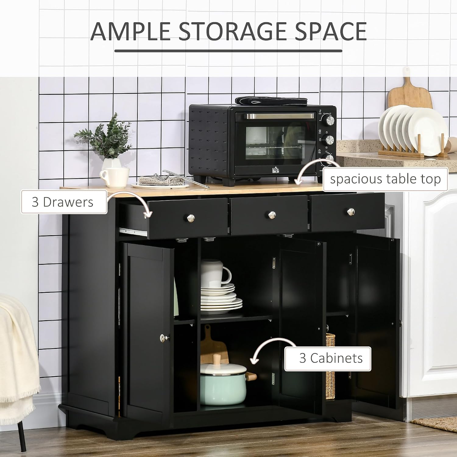 HOMCOM Sideboard Buffet Cabinet Solid Wood Countertop White