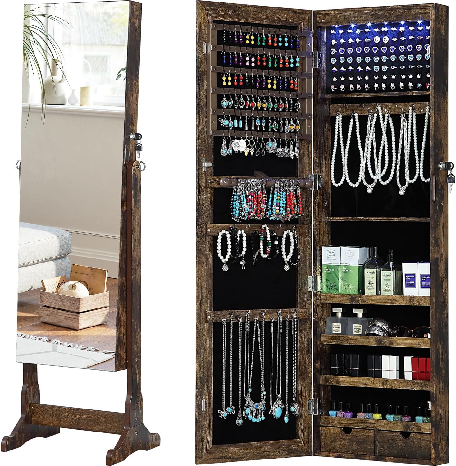 GISSAR Jewelry Organizer Full Length Mirror Jewelry Cabinet Standing/Wall/Hanging Door Jewelry Armoire Storage with Lights, Lockable, White