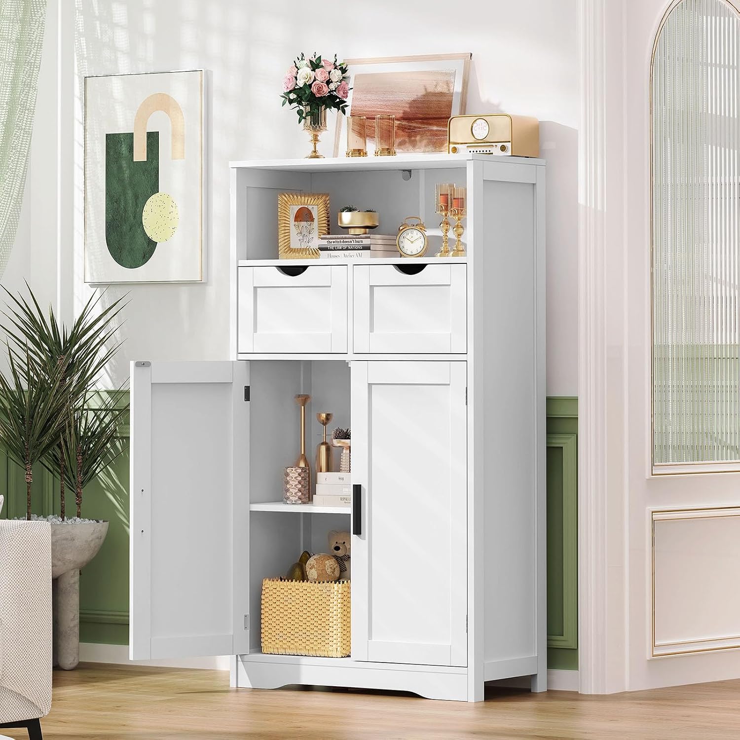 Iwell Storage Cabinet with 2 Drawers & Adjustable Shelves, Cupboard, Floor Cabinet for Living Room, Home Office, Rustic Brown