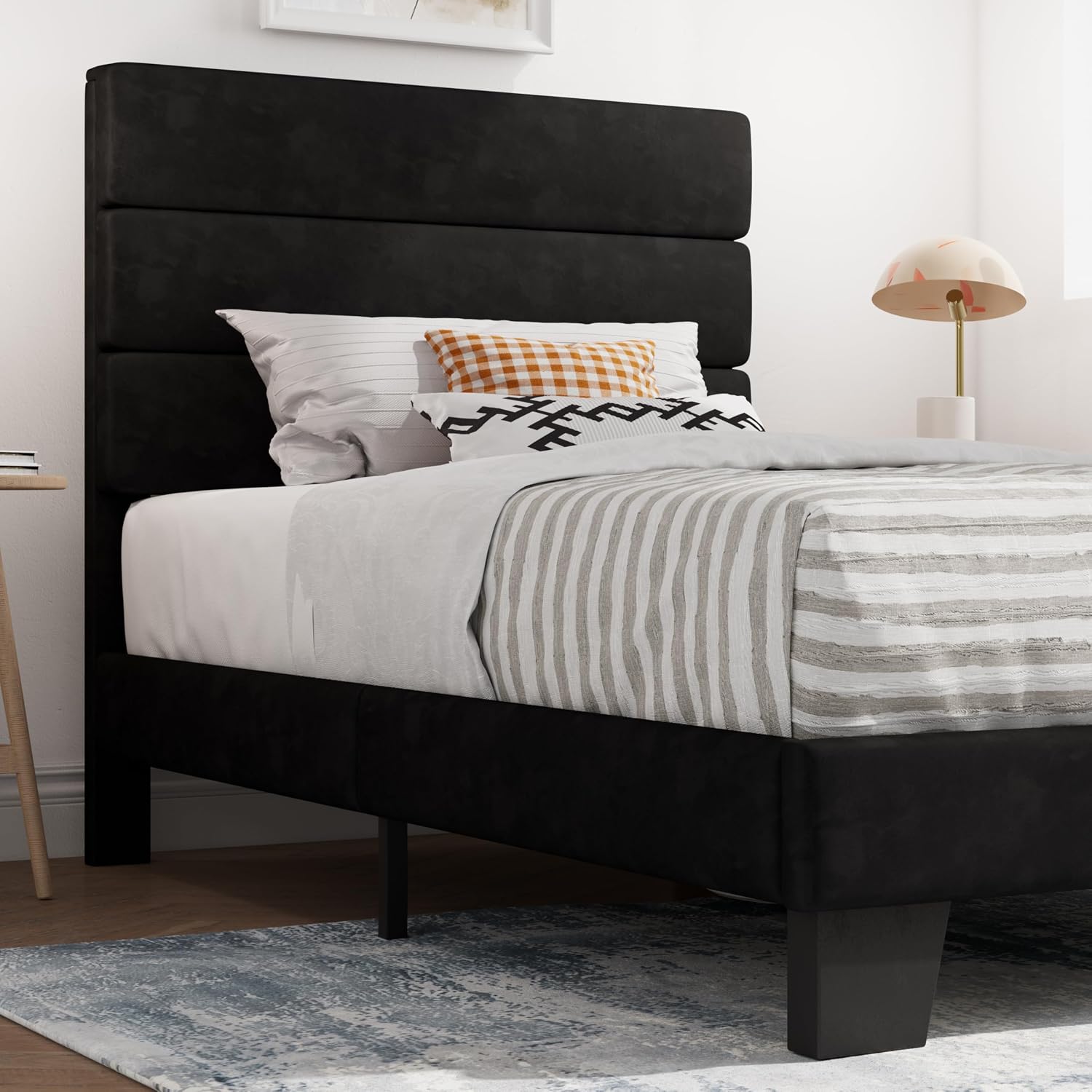 SHA CERLIN Full Platform Bed Frame with Upholstered Fabric Headboard, Grey