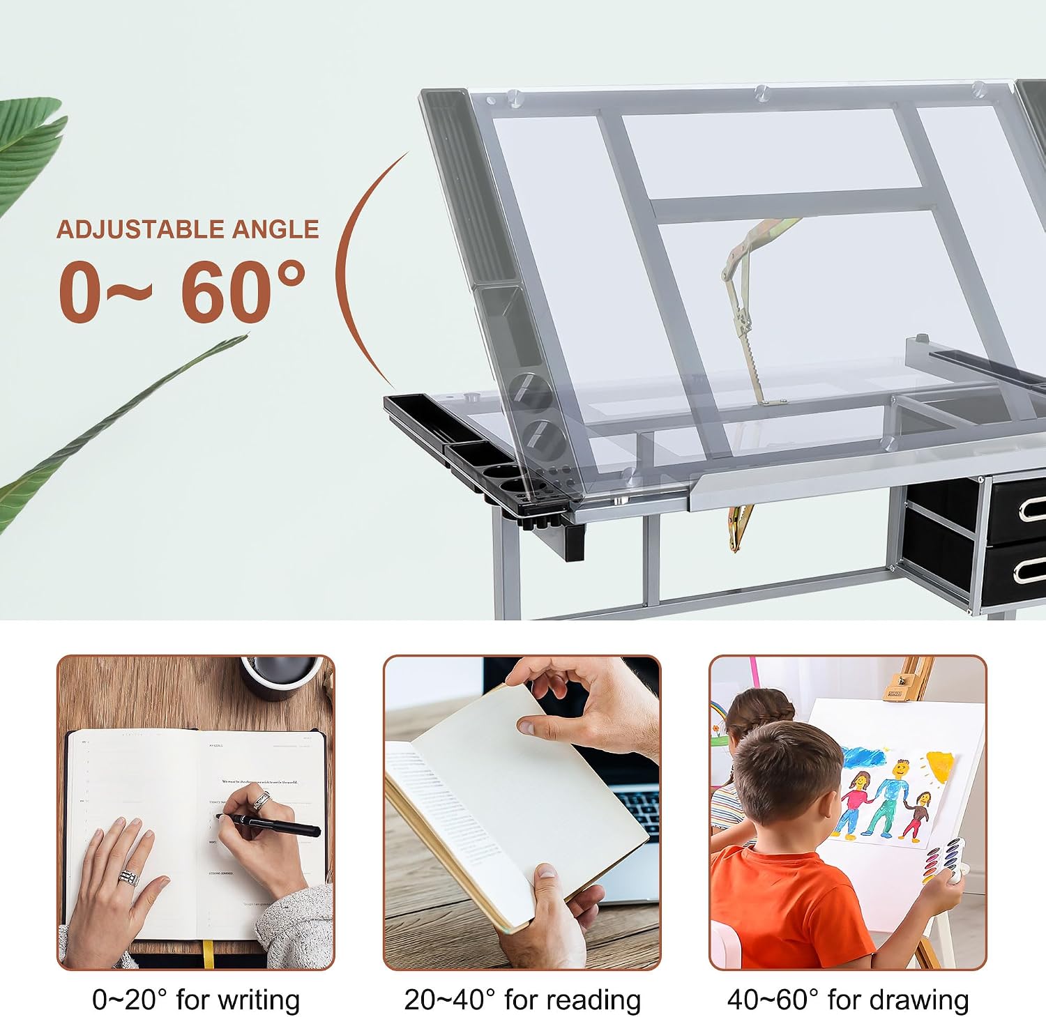 JupiterForce Adjustable Drafting Table Art Desk Drawing Table Versatile Art Craft Work Station Glass Tabletop w/2 Slide Drawers and Wheels for Reading