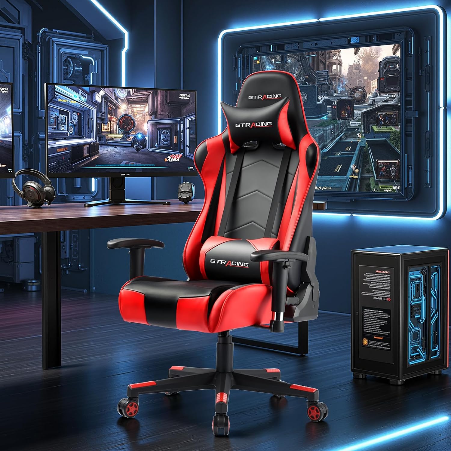 GTRACING Gaming Chair Racing Office Computer Ergonomic Video Game Chair Backrest and Seat Height Adjustable Swivel Recliner with Headrest and Lumbar