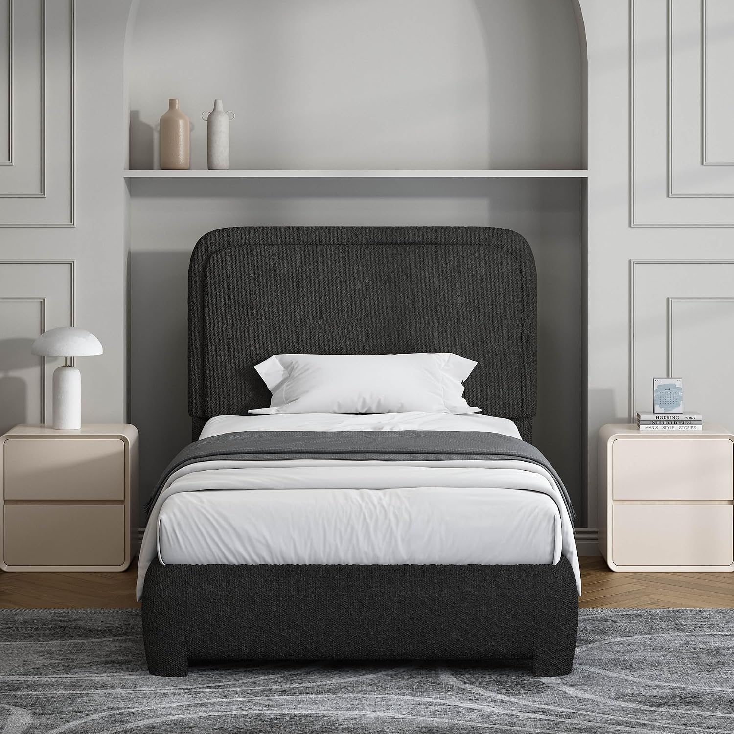 BarnFurin Full Bed Frame, Cloud Boucle Headboard, Rounded Corners, White | Soft boucle and rounded edges create a low-profile cloud look. Wooden slats support the mattress without a box spring