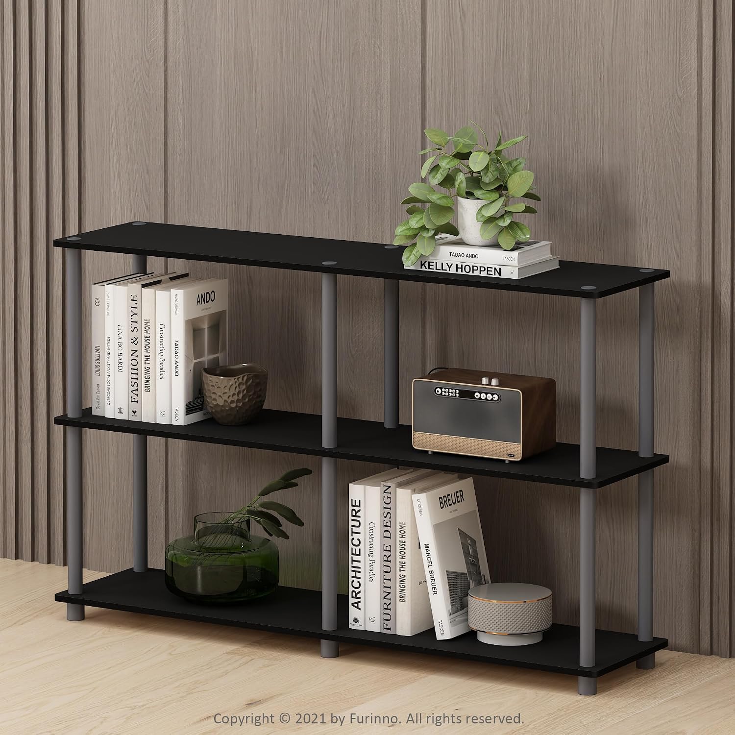 Furinno TURN-N-TUBE Storage Shelves, 3-Tier 47.4 Wide Book Shelf, Corner Shelf, Toolless Open Shelves, for Organization and Storage, Living Room, Garage, Home Office, Black