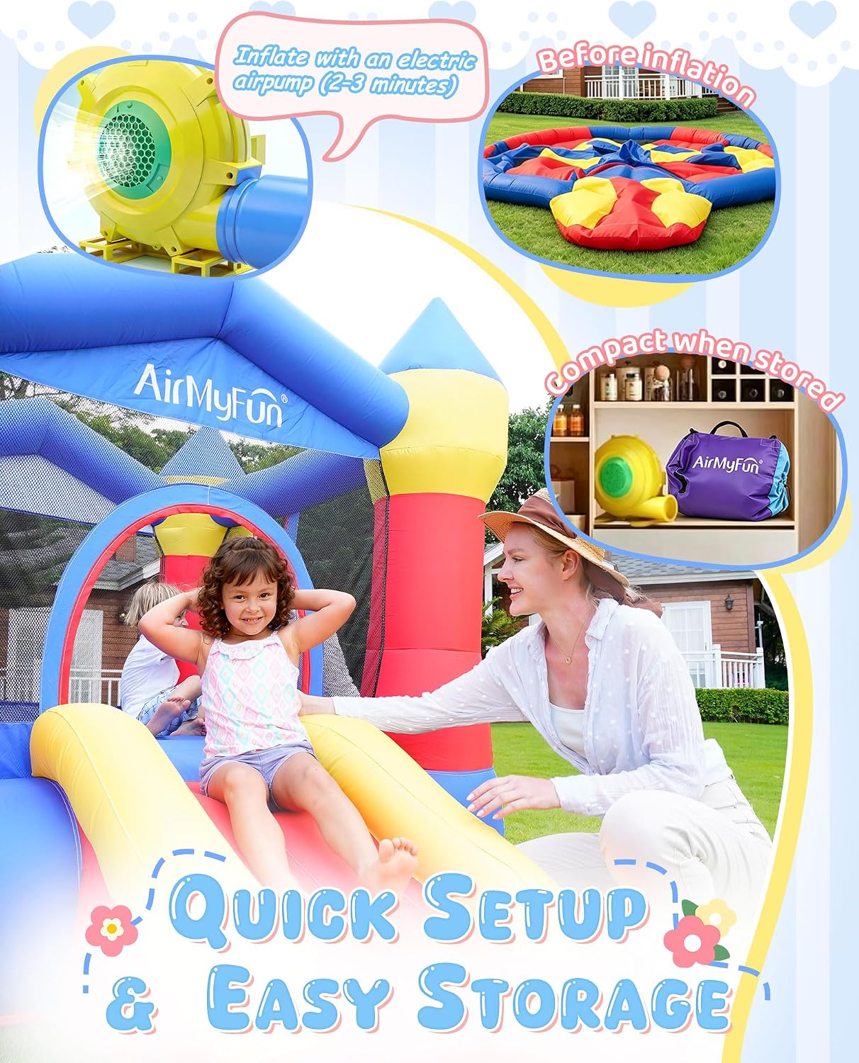 AirMyFun Pink Inflatable Toddler Bounce House with Blower, Indoor/Outdoor Jumping Castle for Kids 3-8, Inflatable Bouncy House with Slide, 82011B