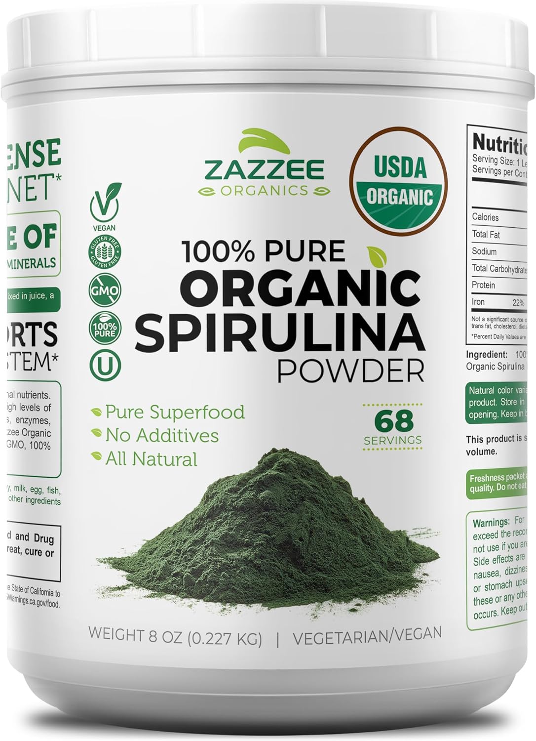 Zazzee USDA Organic Spirulina Powder, 2.2 Pounds (1 KG), 303 Servings | Certified Kosher, 100% Pure, Non-Irradiated, Mess-Free Wide Mouth Container, Fresh Smell, Neutral Taste, Non-GMO, Made in USA