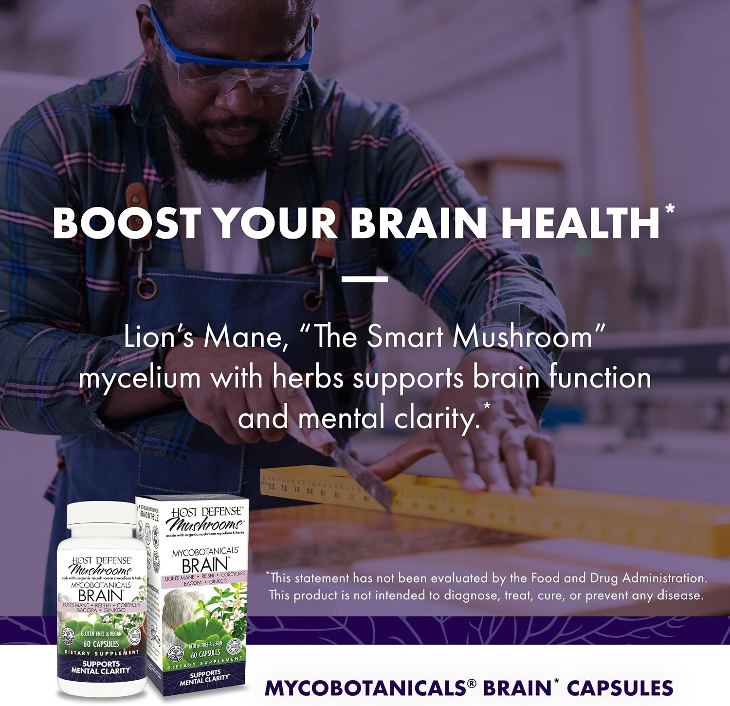 Host Defense MycoBotanicals Brain* Capsules - Brain Support Supplement with Lion's Mane, Reishi & Cordyceps Mushroom - Herbal Supplement for Memory & Focus Support - 60 Capsules